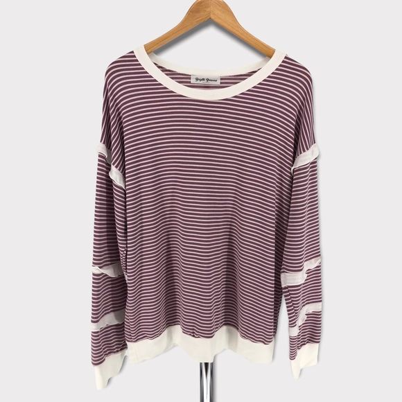 Brigitte Brianna Sexy Modest Mauve Cream Striped Ruffle Sleeve Sweatshirt Large - Picture 1 of 11